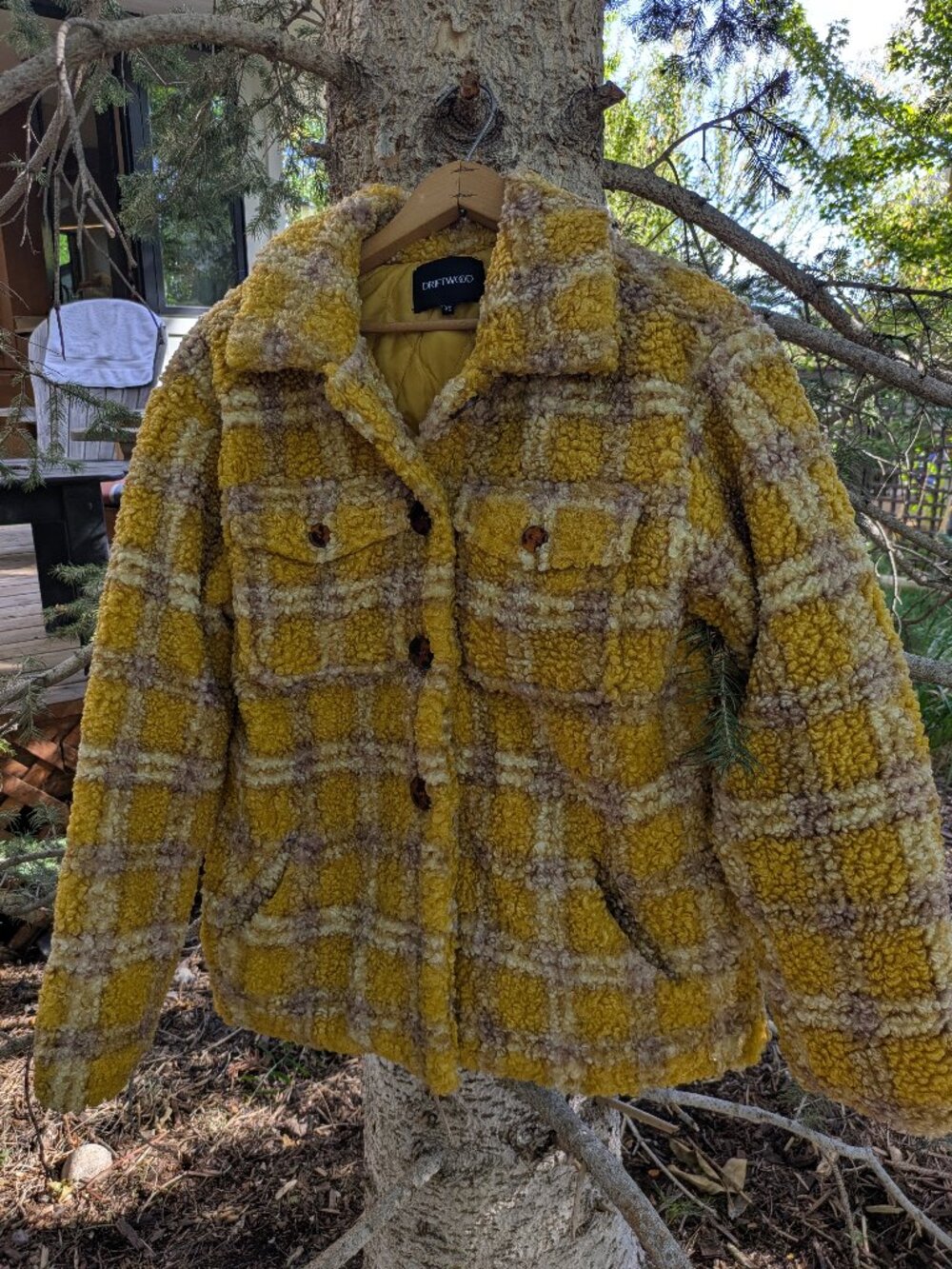 Driftwood Ryan Plaid Teddy Sherpa Shirt Jacket Yellow Mustard XS.
